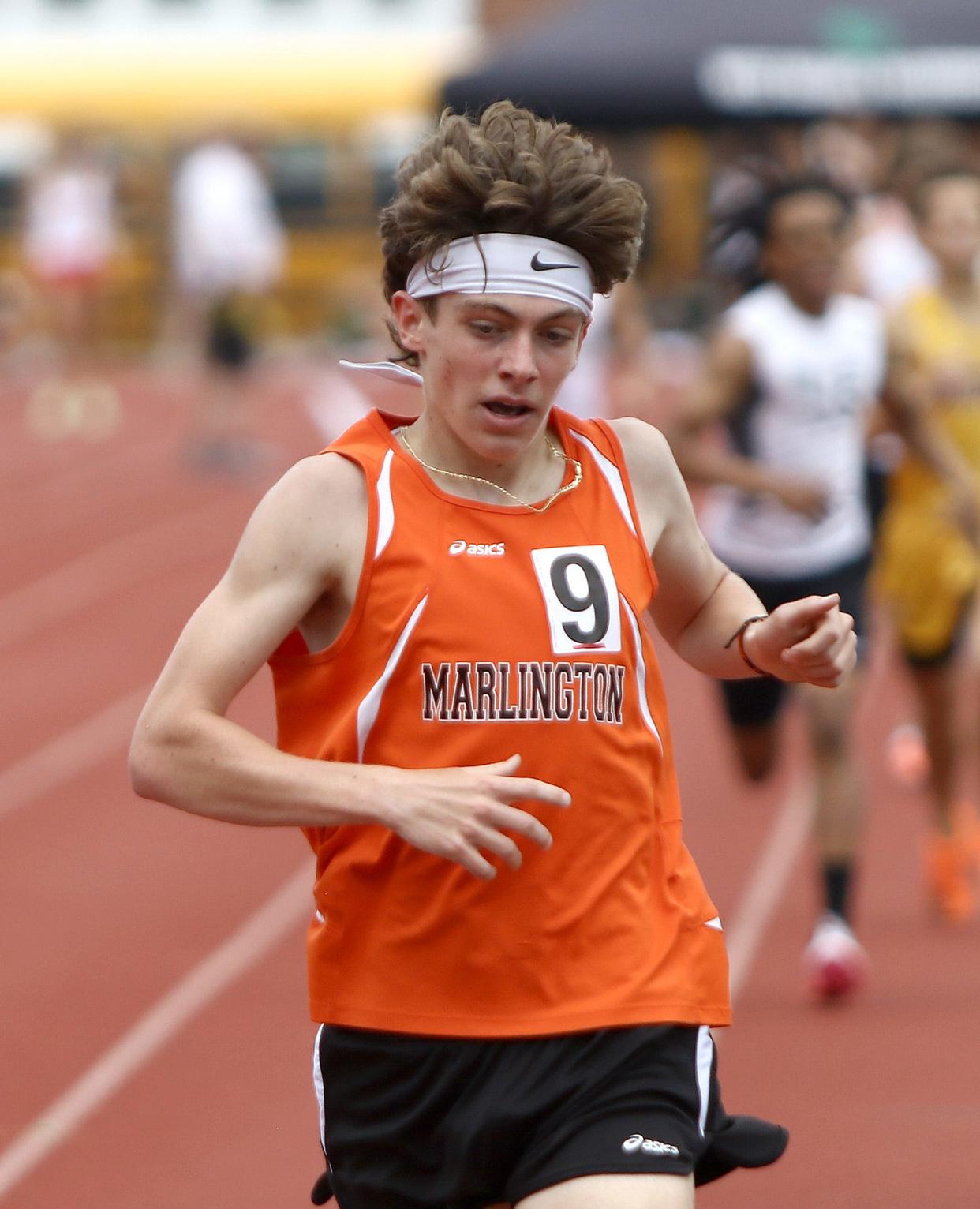 Marlington's Colin Cernansky in the boys 800-meter final at the Division II district track and field finals at Salem Sebo Stadium on Saturday, May 21, 2022.