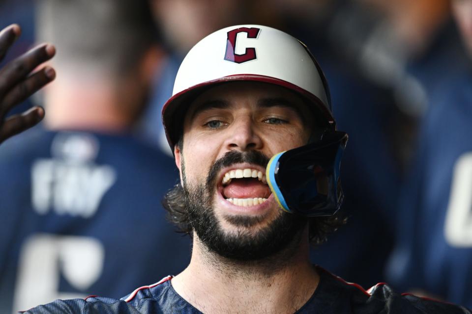 Aug 2, 2024; Cleveland, Ohio, USA; Cleveland Guardians catcher Austin Hedges (27) celebrates after hitting a sacrifice fly during the second inning against the Baltimore Orioles bat Progressive Field. Mandatory Credit: Ken Blaze-USA TODAY Sports