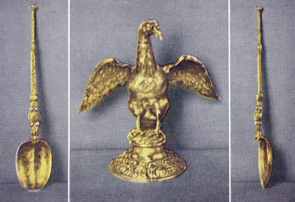 The Ampulla and two views of the Anointing Spoon. Gold, eagle-shaped vessel from which the anointing oil is poured by the Archbishop of Canterbury at the anointing of a new British sovereign at their coronation. From The Queen The Lady's Newspaper published 1935. (Photo by: Universal History Archive/Universal Images Group via Getty Images)