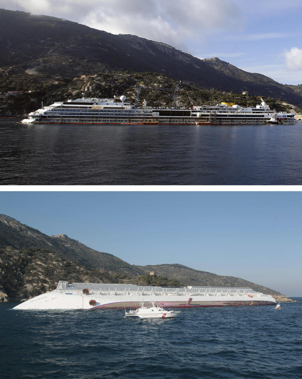 TWO-PICTURE COMBO - This two-picture combo shows the position of the Costa Concordia ship since it slammed into a reef two years ago off the Tuscan Island of Giglio, Italy, on Jan. 14, 2012 (bottom picture) and how it is upright, on Monday, Jan. 13, 2014. Two years ago the Concordia slammed into a reef off Giglio when the captain took it off course in an apparent stunt to bring it closer to the island. With a 70-meter (230-foot) gash in its hull, the ship listed for an hour and finally capsized off Giglio's port. In September 2013 it was righted up in an unprecedented effort and is scheduled to be removed and taken to be dismantled in June this year. Survivors of the capsized Costa Concordia are commemorating the second anniversary of the grounding that killed 32 people. (AP Photo/Gregorio Borgia)