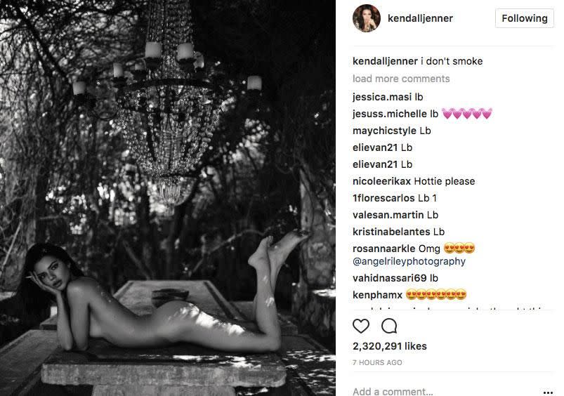 Kendall Jenner's most recent pic has raised eyebrows, and it's not because she's naked in the snap. Source: Instagram