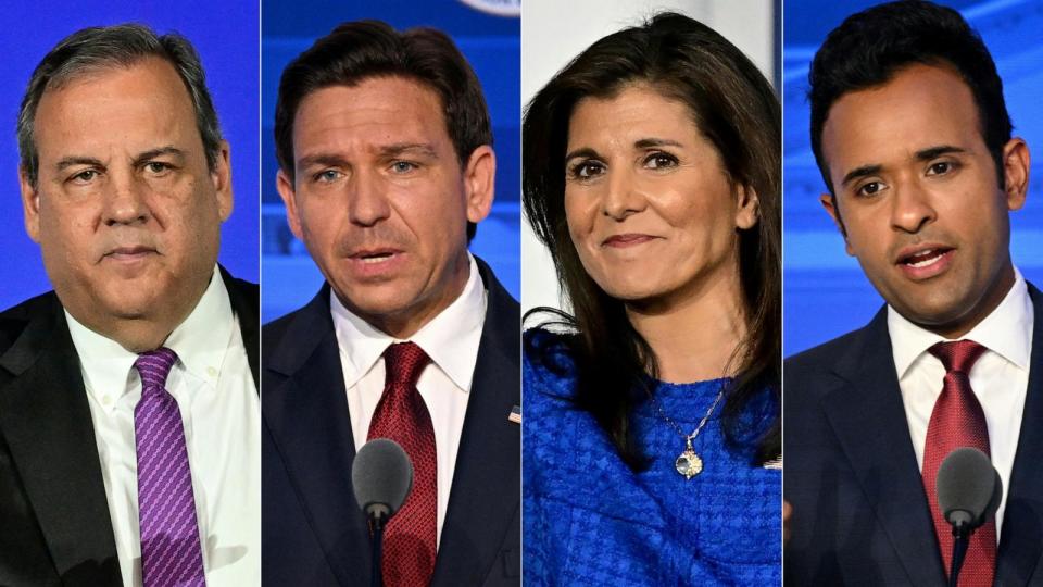 PHOTO: Republican presidential candidate Chris Christie, Florida Governor Ron DeSantis, Republican presidential candidate Nikki Haley and entrepreneur Vivek Ramaswamy will participate in the fourth primary debate in Tuscaloosa, Alabama on December 6. (Frederic J. Brownrobyn Beck/AFP via Getty Images)