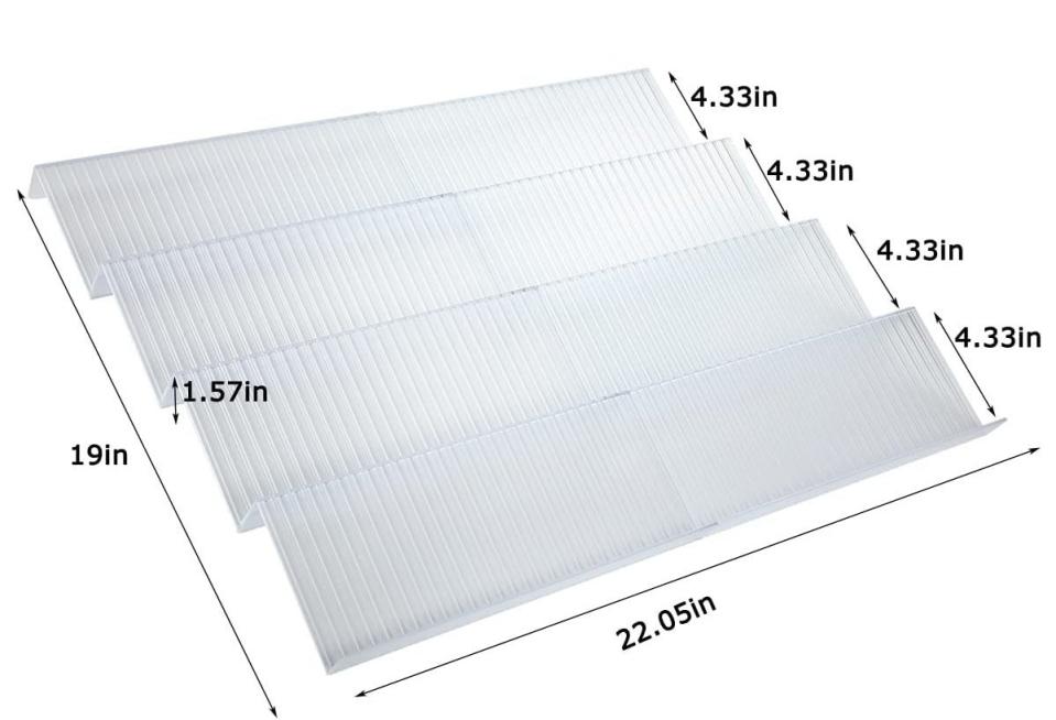 a white, plastic, ridged spice organizer. It is tiered and holds spices at an angle