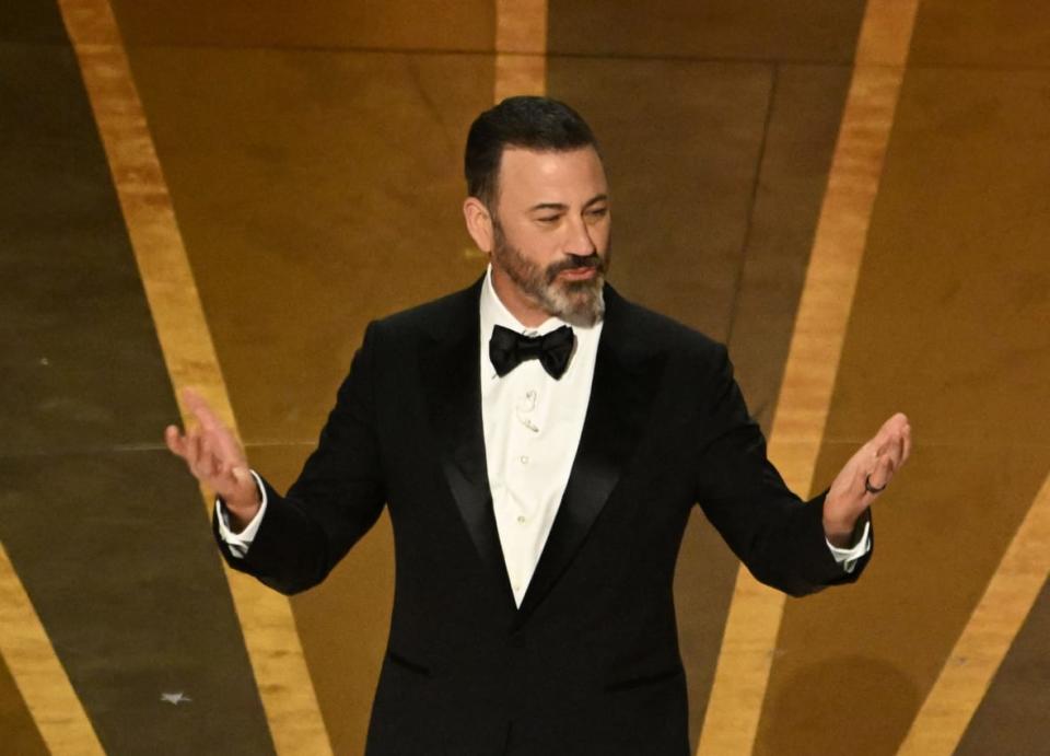 TV host Jimmy Kimmel speaks onstage during the 95th Annual Academy Awards at the Dolby Theatre in Hollywood, California on March 12, 2023. (Photo by PATRICK T. FALLON/AFP via Getty Images)