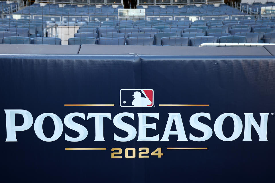 NEW YORK, NEW YORK - OCTOBER 01: A detailed view of MLB Postseason 2024 signage during a workout prior to the 2024 ALDS at Yankee Stadium on October 01, 2024 in the Bronx borough of New York City. (Photo by Luke Hales/Getty Images)