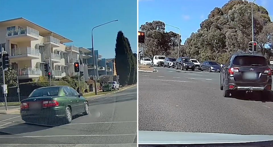 Dash cam video footage pictured showing drivers running red lights including into an intersection.