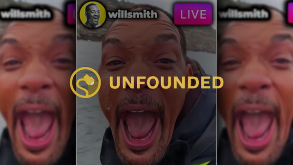 A Black man has his mouth fully open. Behind him, you can see snow on the ground. At the top of the image, it says "willsmith" next to an image of the man smiling. There is a purple button with the word "LIVE" at the top of the image as well. You can see smaller versions of the same image on either side of the center image. Over top of the iamge, it says, "Unfounded."