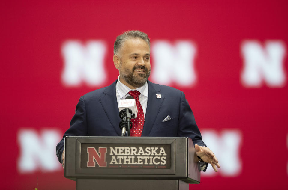 New Nebraska football coach Matt Rhule smiles during an introductory news conference on Nov. 28, 2022. (AP Photo/Rebecca S. Gratz)