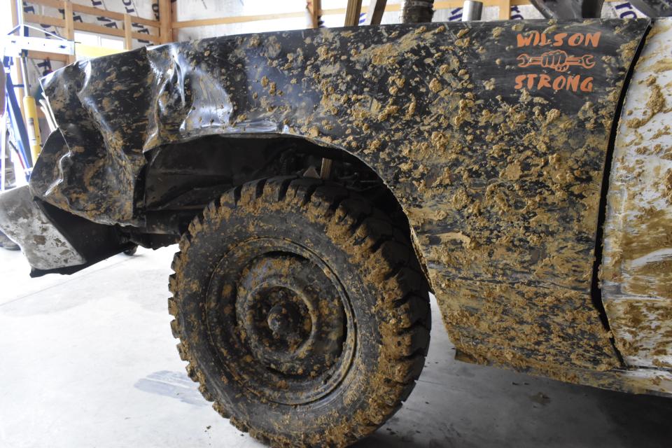 The front end of Matt Crane's 1976 Chrysler New Yorker has seen a lot of demolition derby hits and will have more in the demolition derby at the Monroe County Fair.