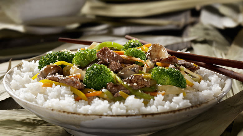 Beef with broccoli over rice
