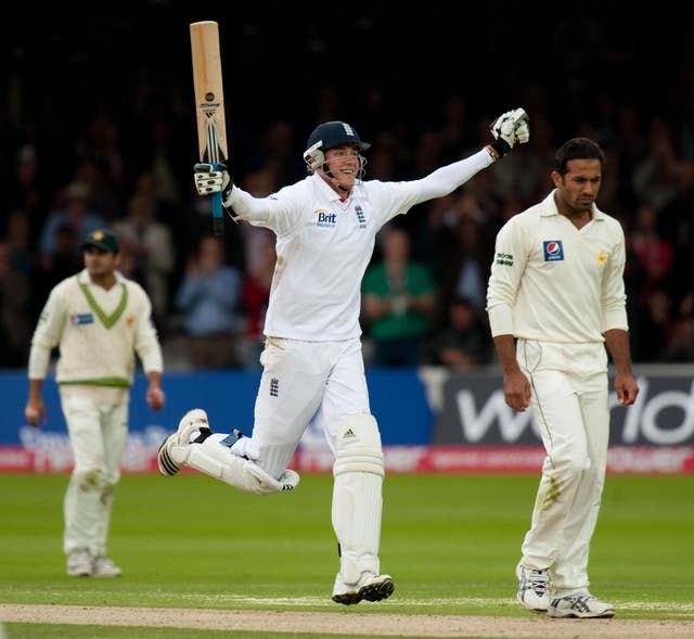 Stuart Broad, centre, celebrates his century against Pakistan at Lord’s in 2010