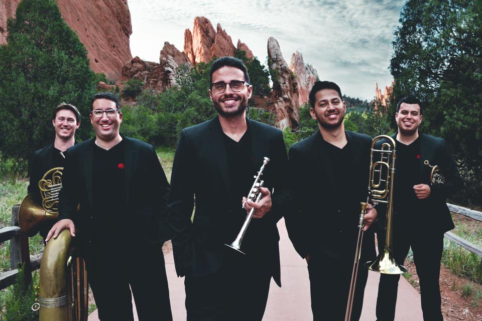 Taylor Townsend, Felipe Arroyo, Jose Fernando, Diego Riudavets and Carlos Navarro of Riu Dolç Brass stand outside of Garden of the Gods in Colorado Springs.