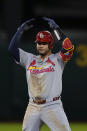 St. Louis Cardinals' Willson Contreras reacts after hitting an RBI double against the Oakland Athletics during the sixth inning of a baseball game Monday, April 15, 2024, in Oakland, Calif. (AP Photo/Godofredo A. Vásquez)