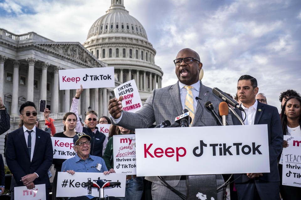 Image: Rep. Jamaal Bowman, D-N.Y., leads a rally to defend TikTok and the app's supporters, at the Capitol on March 22, 2023. (J. Scott Applewhite / AP file)
