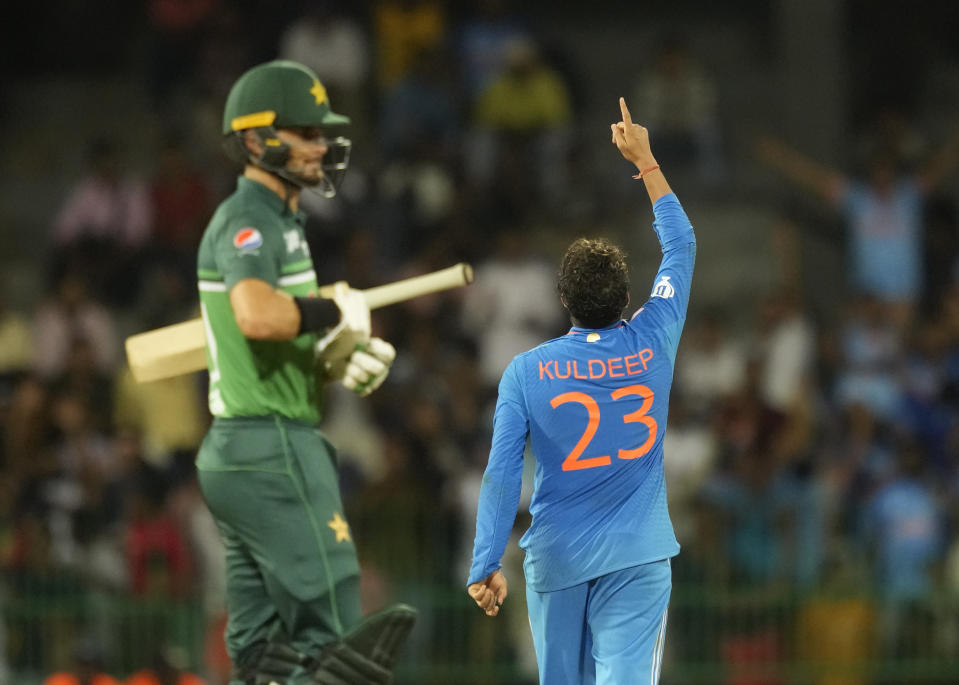 India's Kuldeep Yadav celebrates the wicket of Pakistan's Faheem Ashraf during the Asia Cup cricket match between India and Pakistan in Colombo, Sri Lanka on Monday, Sept.11, 2023. (AP Photo/Eranga Jayawardena)