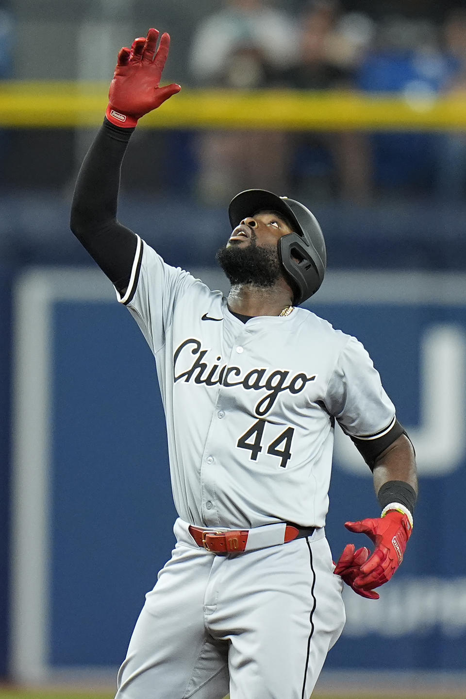 Chicago White Sox's Bryan Ramos celebrates his double off Tampa Bay Rays starting pitcher Aaron Civale during the fifth inning of a baseball game Wednesday, May 8, 2024, in St. Petersburg, Fla. (AP Photo/Chris O'Meara)