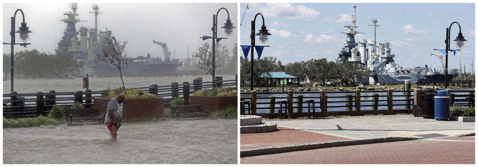 In this combination of photos, a man tries to cross a flooded street on Sept. 14, 2018, left, and on Sept. 19, 2018, after the water receded in the aftermath of Hurricane Florence in Wilmington, N.C. (AP Photos/Chuck Burton)