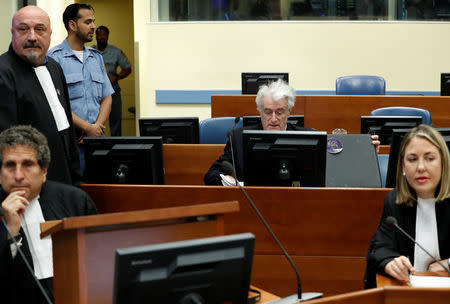 Former Bosnian Serb leader Radovan Karadzic appears in a courtroom before the International Residual Mechanism for Criminal Tribunals (MICT), which is handling outstanding war crimes cases for the Balkans and Rwanda, in The Hague, Netherlands, April 24, 2018. REUTERS/Yves Herman/Pool