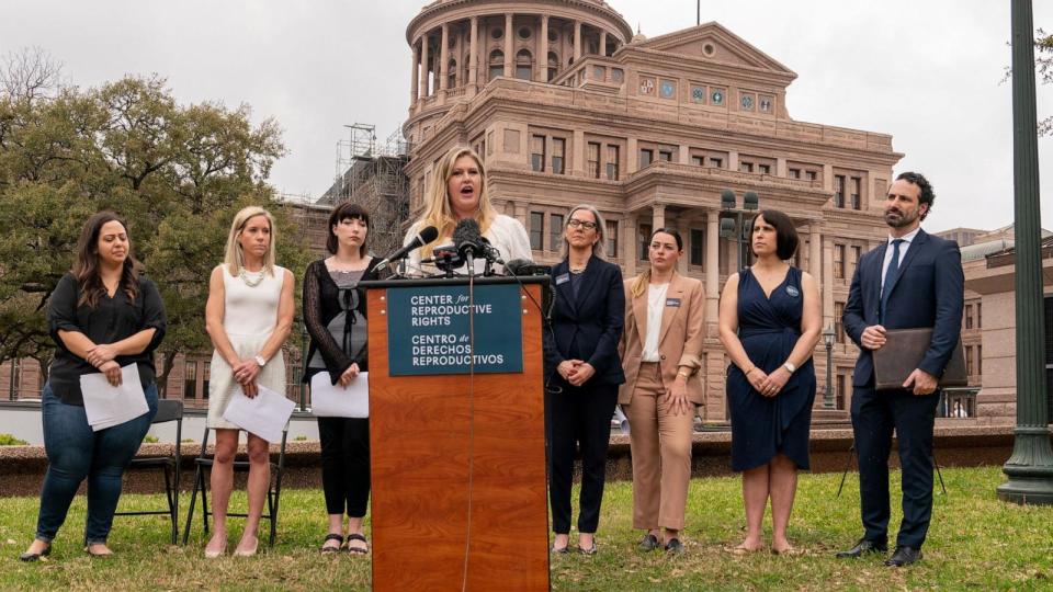 PHOTO: In this March 7, 2023, file photo, Lauren Miller, a plaintiff in the case, speaks on the lawn of the Texas State Capitol, in Austin, Texas.  (Suzanne Cordeiro/AFP via Getty Images, FILE)