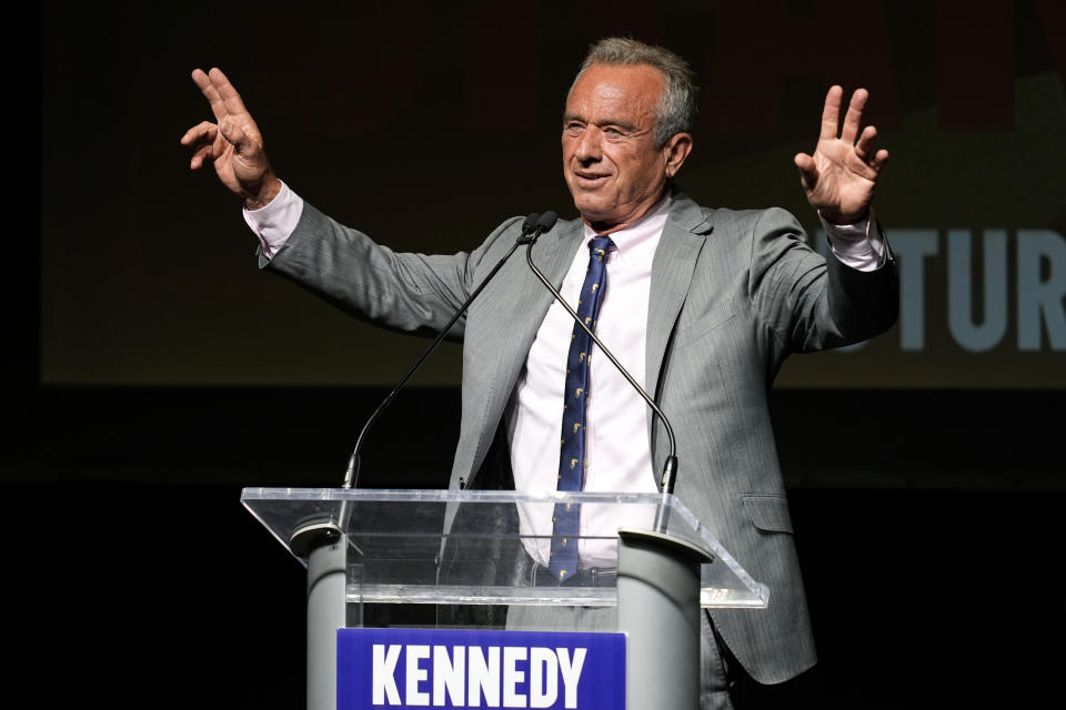 Independent presidential candidate Robert F. Kennedy Jr. waves to supporters during a campaign event, Saturday, April 13, 2024, in West Des Moines, Iowa. (AP Photo/Charlie Neibergall)