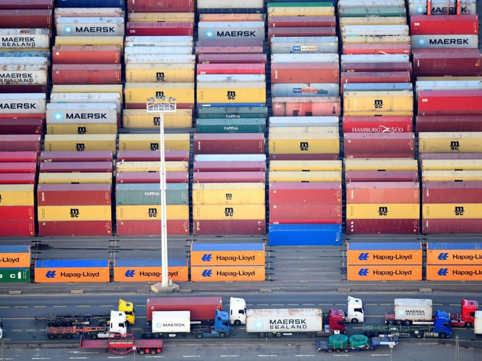  Containers of Maersk, MSC and Hapag-Lloyd at a terminal in the port of Hamburg, Germany.