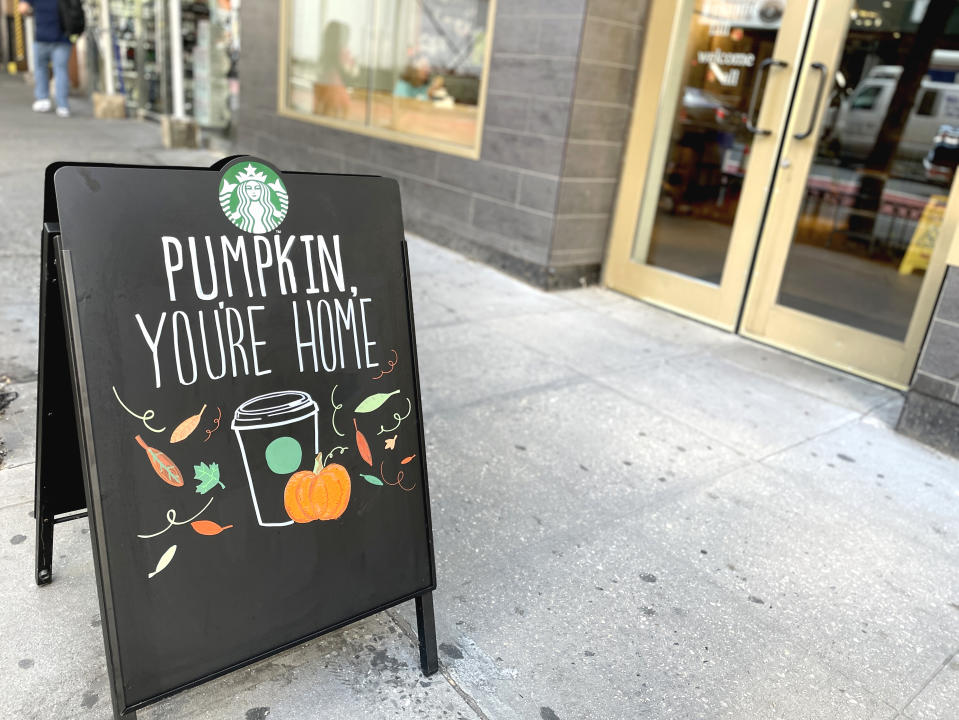 Starbucks coffee lovers eagerly await the arrival of the flavorful pumpkin spice coffee available for a limited time each Fall. This sign on the sidewalk on a New York City street announces the store is currently carrying it.. (Photo by: Deb Cohn-Orbach/UCG/Universal Images Group via Getty Images)