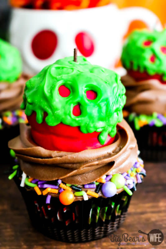 <p>Big Bear's Wife</p><p>These wicked cupcakes won’t put your friends or family into a deep sleep but they will put a huge smile on their faces!</p><p><strong>Get the recipe: <a href="https://www.bigbearswife.com/poison-apple-cupcakes/" rel="nofollow noopener" target="_blank" data-ylk="slk:Poison Apple Cupcakes;elm:context_link;itc:0;sec:content-canvas" class="link ">Poison Apple Cupcakes</a></strong></p><p><strong>Related: <a href="https://parade.com/844495/brianneizzo/15-fun-and-creepy-halloween-dinner-recipes/" rel="nofollow noopener" target="_blank" data-ylk="slk:15 Easy Halloween Dinner Ideas for Kids From Mini Spider Pizzas to Bandaged Finger Hot Dogs;elm:context_link;itc:0;sec:content-canvas" class="link ">15 Easy Halloween Dinner Ideas for Kids From Mini Spider Pizzas to Bandaged Finger Hot Dogs</a></strong></p>