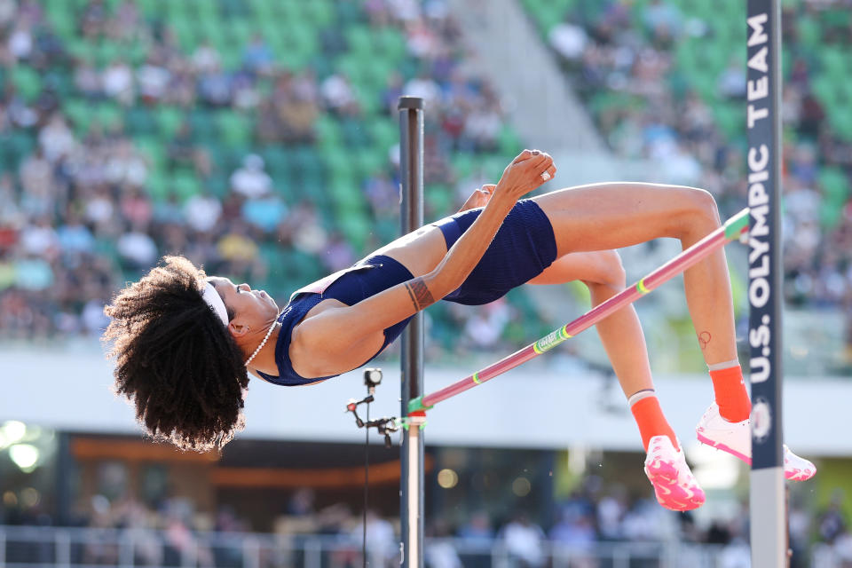 EUGENE, OREGON - JUNE 20: Vashti Cunningham competes in the Women's High Jump Final on day three of the 2020 U.S. Olympic Track & Field Team Trials at Hayward Field on June 20, 2021 in Eugene, Oregon. (Photo by Patrick Smith/Getty Images)