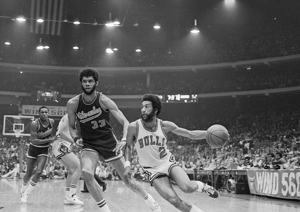 Norm Van Lier Driving Past Kareem Abdul-Jabbar