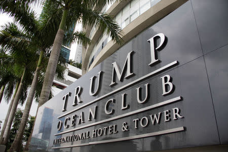 A sign of the Trump Ocean Club International Hotel and Tower Panama is seen in Panama City, Panama October 11, 2017. REUTERS/Carlos Lemos