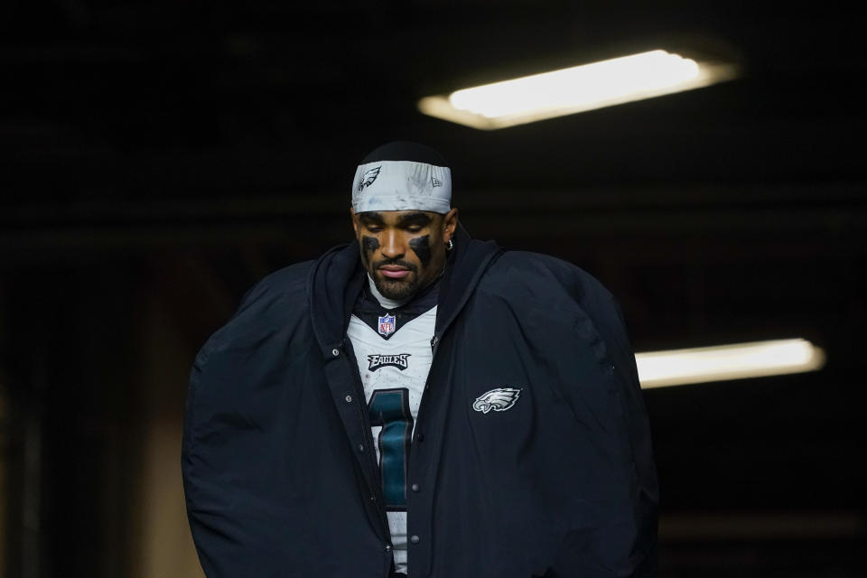 Philadelphia Eagles quarterback Jalen Hurts walks to the field before the start of the second half of an NFL football game against the Seattle Seahawks, Monday, Dec. 18, 2023, in Seattle. (AP Photo/Lindsey Wasson)