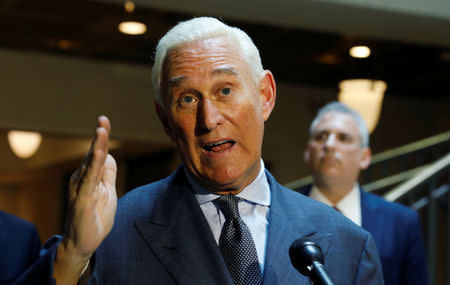 U.S. political consultant Roger Stone, a longtime ally of President Donald Trump, speaks to reporters after appearing before a closed House Intelligence Committee hearing investigating Russian interference in the 2016 U.S. presidential election at the U.S. Capitol in Washington, U.S., September 26, 2017. REUTERS/Kevin Lamarque