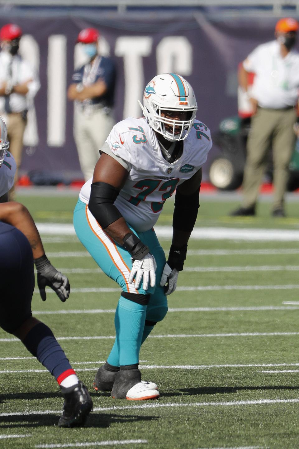 Miami Dolphins offensive tackle Austin Jackson during an NFL football game against the New England Patriots at Gillette Stadium, Sunday, Sept. 13, 2020 in Foxborough, Mass. [Winslow Townson/AP]