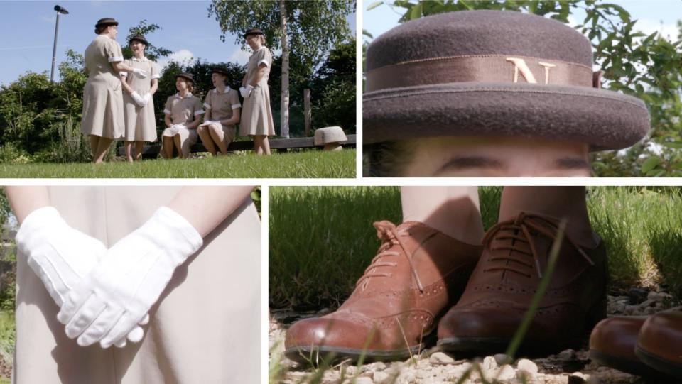 4 images of nannies' uniform including brown bowler hat, beige dress, white gloves, and brown brogues