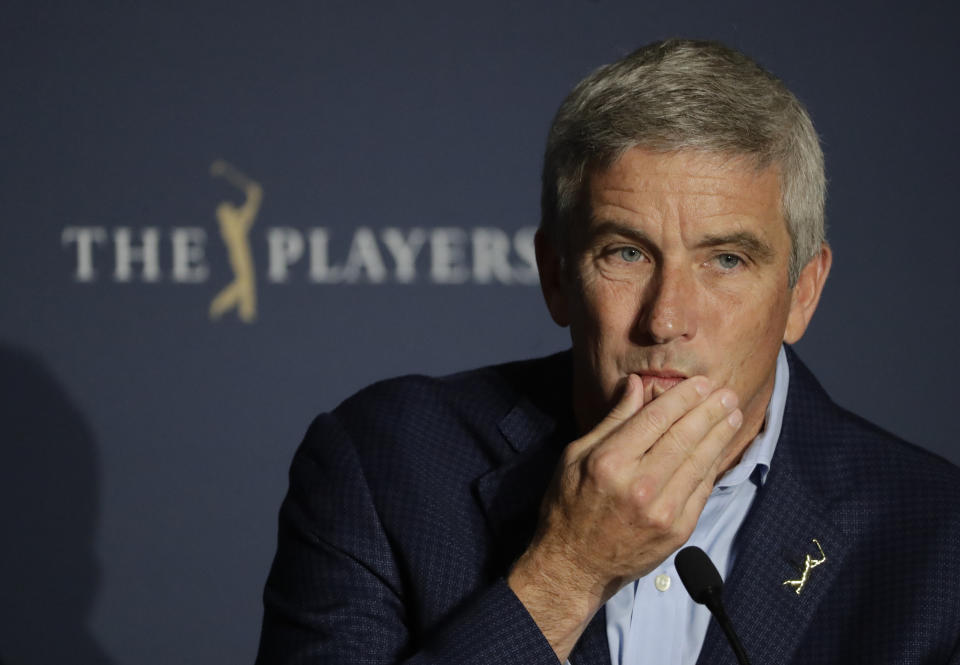 FILE - In this March 13, 2020, file photo, PGA Tour Commission Jay Monahan is shown during a news conference in Ponte Vedra Beach, Fla. Monahan decided against a public statement on the civil unrest sparked by the police killing of George Floyd, instead sending a letter to players. (AP Photo/Chris O'Meara, File)