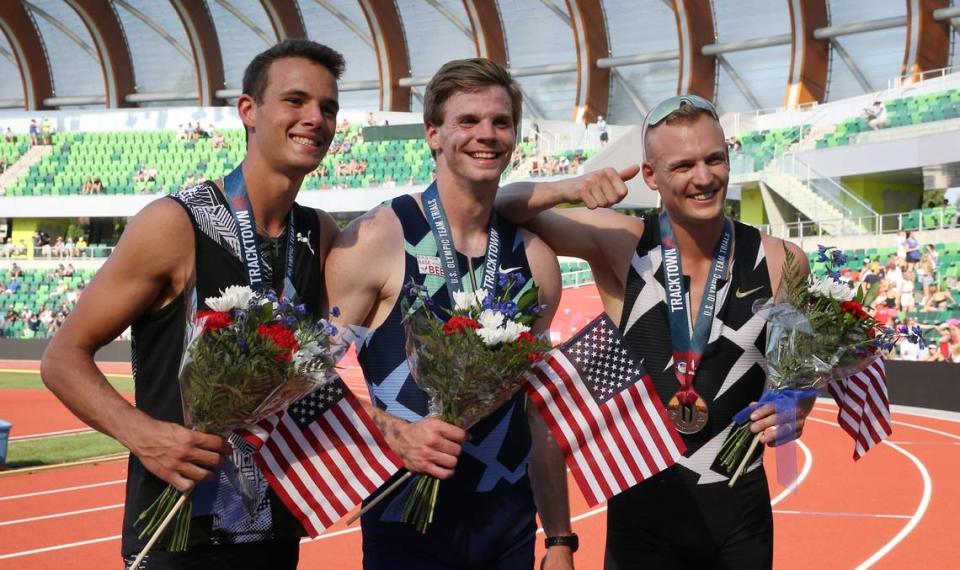 Pole vault winners KC Lightfoot (left, 3rd), Chris Nilsen (center, 1st) and Sam Kendricks (right, 2nd) pose for a fan photo during the U.S. Olympic Track & Field Trials at Hayward Field in Eugene in June of 2021.