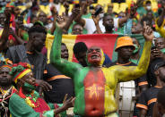 Cameroon fan before the start of the African Cup of Nations 2022 group A soccer match between Cape Verde and Cameron at the Olembe stadium in Yaounde, Cameroon, Monday, Jan. 17, 2022. (AP Photo/Themba Hadebe)