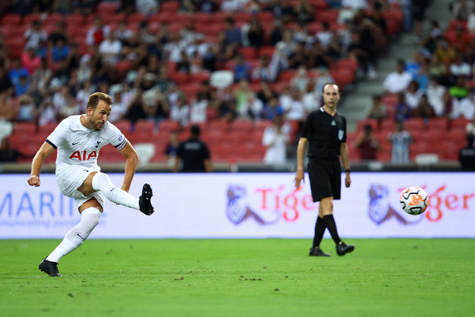 Tottenham's Harry Kane scores a penalty against the Lion City Sailors during their pre-season friendly at the National Stadium in Singapore.