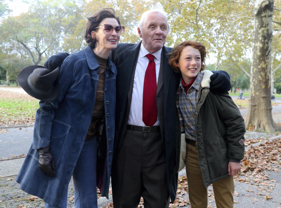 Anthony Hopkins and Anne Hathaway pictured filming scenes at the Armageddon Time set in Flushing Meadows Park in Queens, 2021. (Getty Images)