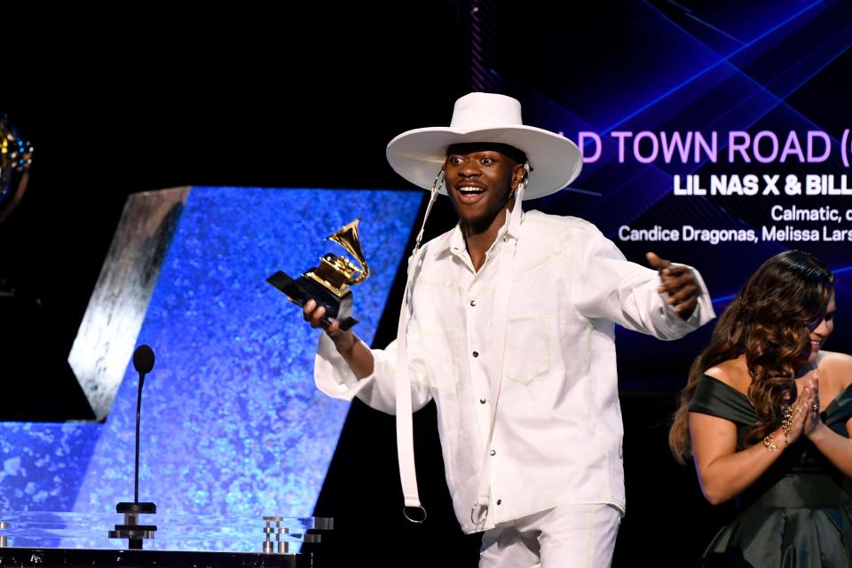 Lil Nas X accepts the award for best music video for "Old Town Road" during the Grammy Awards Premiere Ceremony.