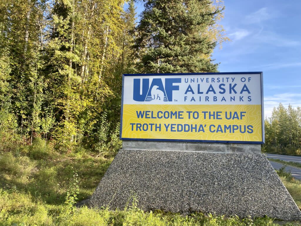 Fall sun hits the University of Alaska Fairbanks entrance sign on September 13, 2023. (Photo by Claire Stremple/Alaska Beacon)