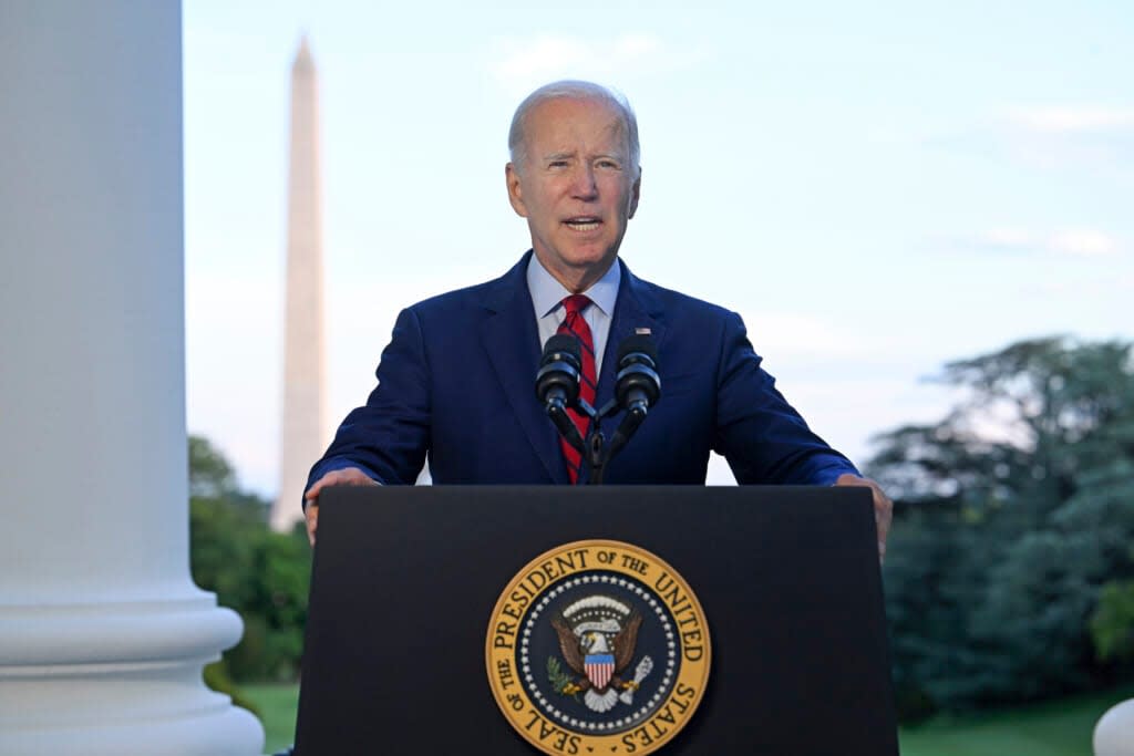 President Joe Biden speaks from the Blue Room Balcony of the White House Monday, Aug. 1, 2022, in Washington, as he announces that a U.S. airstrike killed al-Qaida leader Ayman al-Zawahri in Afghanistan. (Jim Watson/Pool via AP)