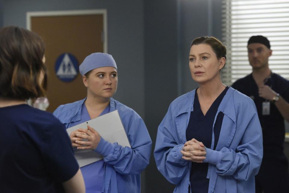 ellen pompeo as meredith grey and jaicy eilliot as taryn helm in grey's anatomy