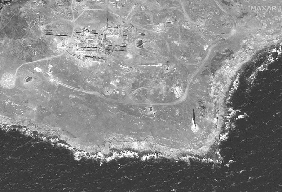 The southern end of Snake Island and a tower can be seen in a satellite image from Maxar Technologies taken June 17.