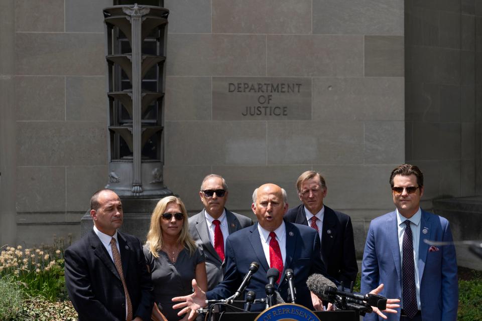 (L-R) Reps. Bob Good, R-Va., Rep. Marjorie Taylor Greene, R-Ga., Andy Biggs, R-Ariz., Louie Gohmert, R-Texas, Paul Gosar, R-Ariz., and Matt Gaetz, R-Fla., hold a news conference outside the U.S. Department of Justice on July 27, 2021 in Washington, D.C.