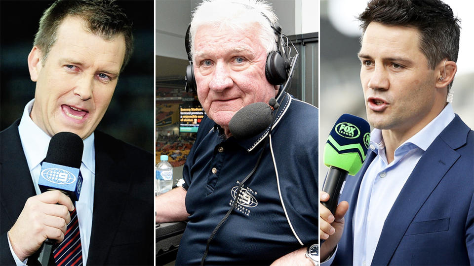 Andrew Voss, Ray Warren and Cooper Cronk, pictured here in commentary duties.