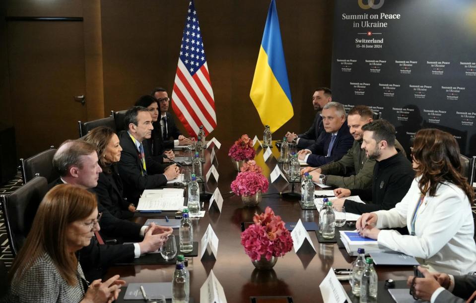 PHOTO: US Vice President Kamala Harris and Ukraine's President Volodymyr Zelensky take part in talks with their respective delegations during a Summit on Peace in Ukraine at the luxury Burgenstock resort, near Lucerne, Switzerland, on June 15, 2024.  (Dimitar Dilkoff/AFP via Getty Images)