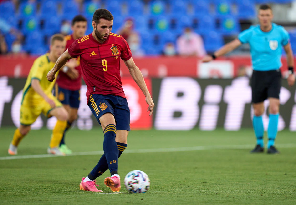 LEGANES, SPAIN - JUNE 08: Abel Ruiz of Spain U21 misses a penalty during the international friendly match between Spain U21 and Lithuania at Estadio Municipal de Butarque on June 08, 2021 in Leganes, Spain. (Photo by Angel Martinez/Getty Images)