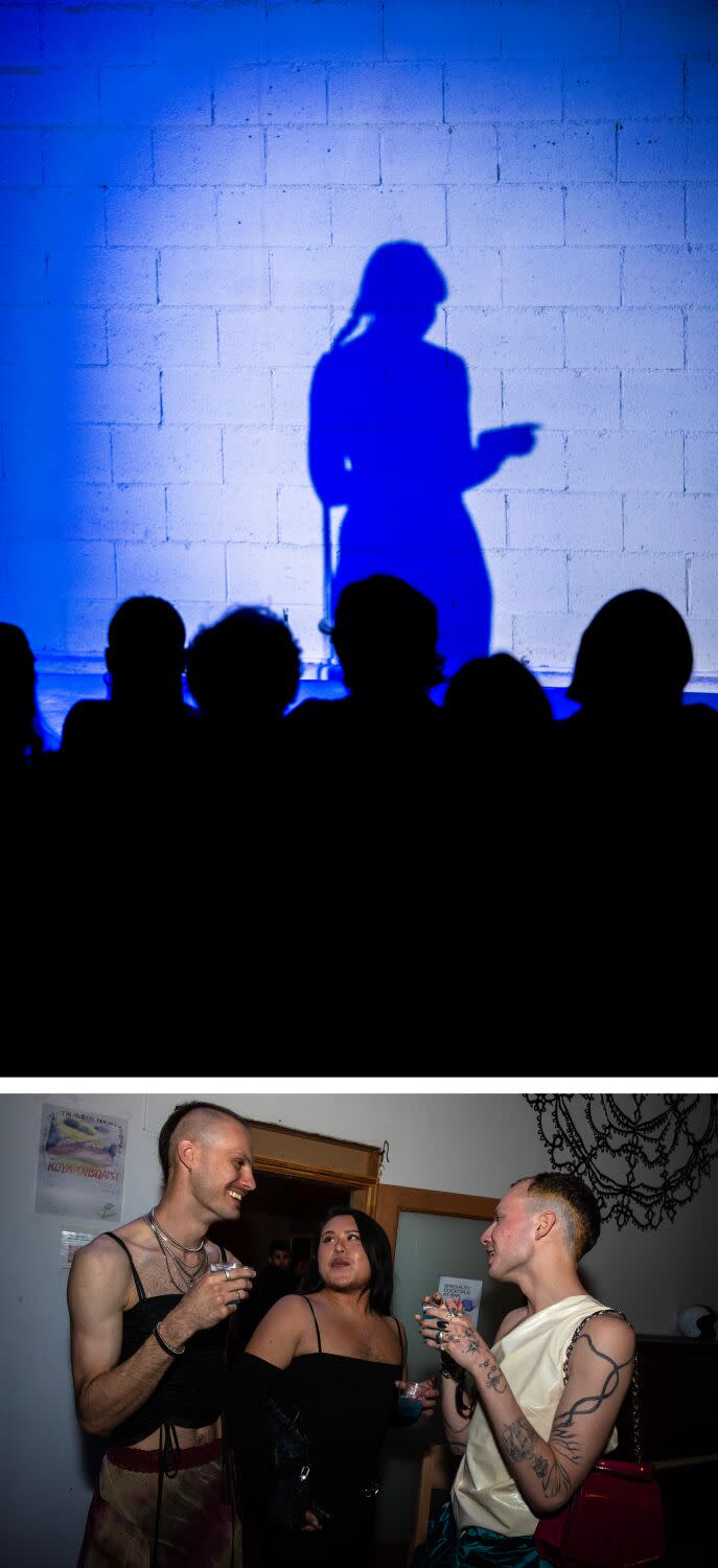 Two photos show a blue silhouette of a woman and three people drinking and talking.