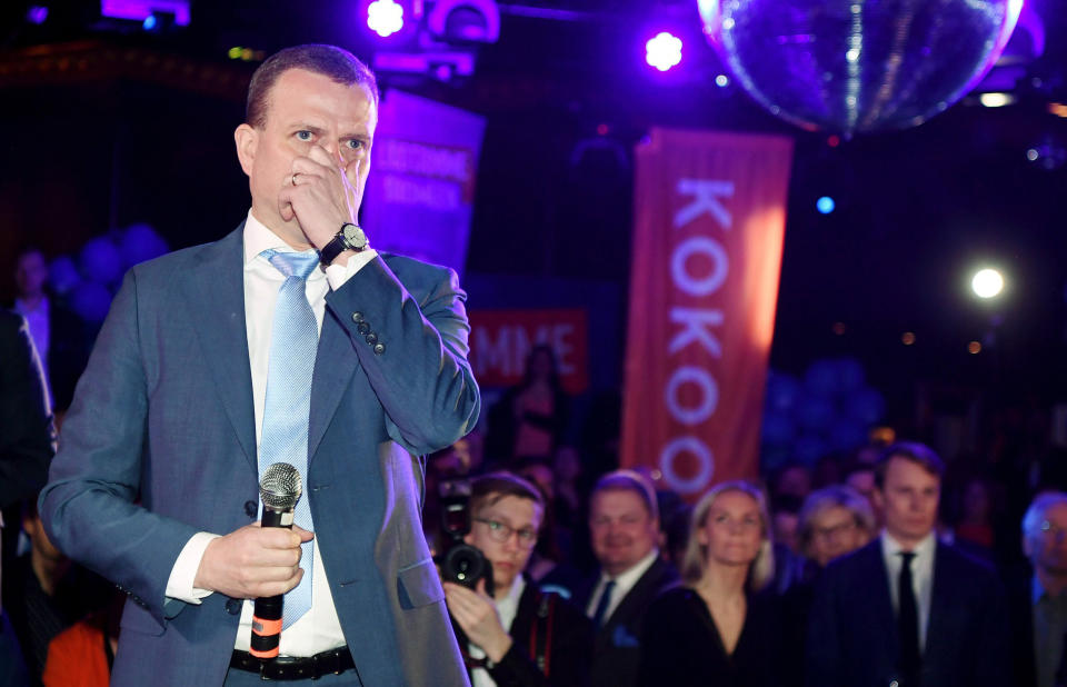 Chairman of National Coalition Party Petteri Orpo gestures, at the parliamentary election party in Helsinki, Sunday, April 14, 2019. Voters in Finland are casting ballots in a parliamentary election Sunday after climate change dominated the campaign, even overshadowing topics like reforming the nation's generous welfare model. (Jussi Nukari/Lehtikuva via AP)